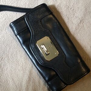 Cole Haan Black Leather Wristlet Clutch with Gold-Tone Hardware